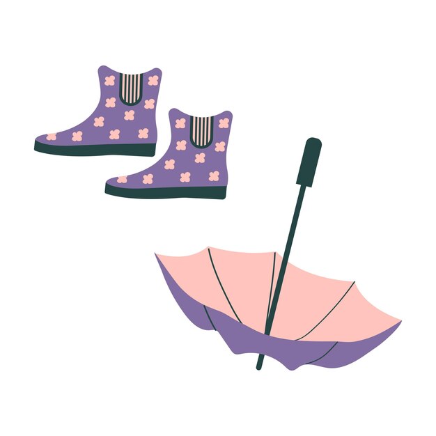 Vector illustration of a purple umbrella and rubber boots rainy weather in spring