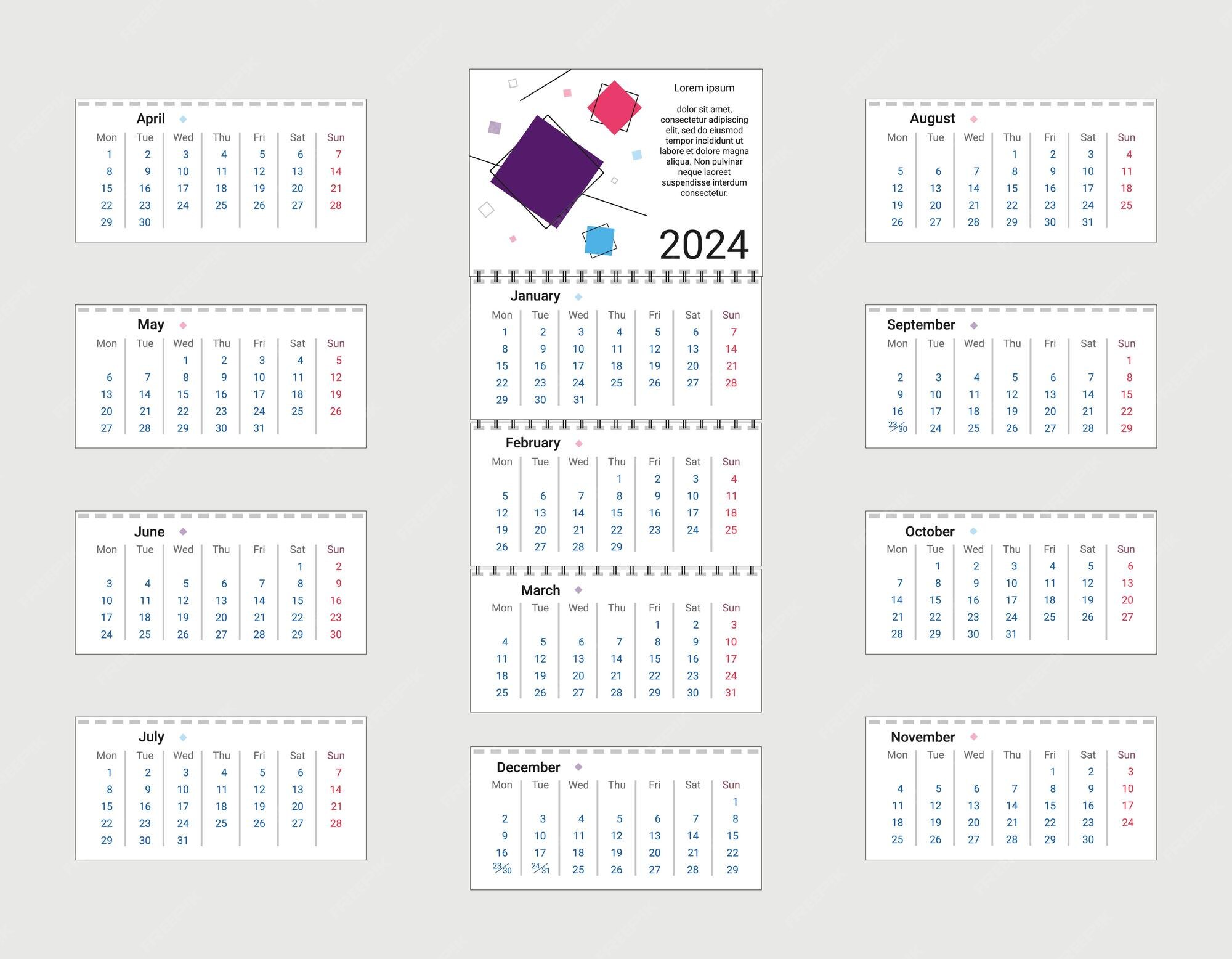 Premium Vector Vector illustration Quarter Calendar 2024 Week starts