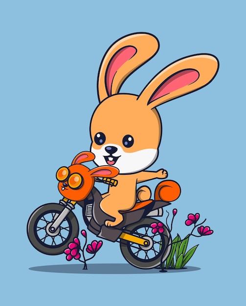 Vector illustration of a rabbit riding a dirt bike while waving