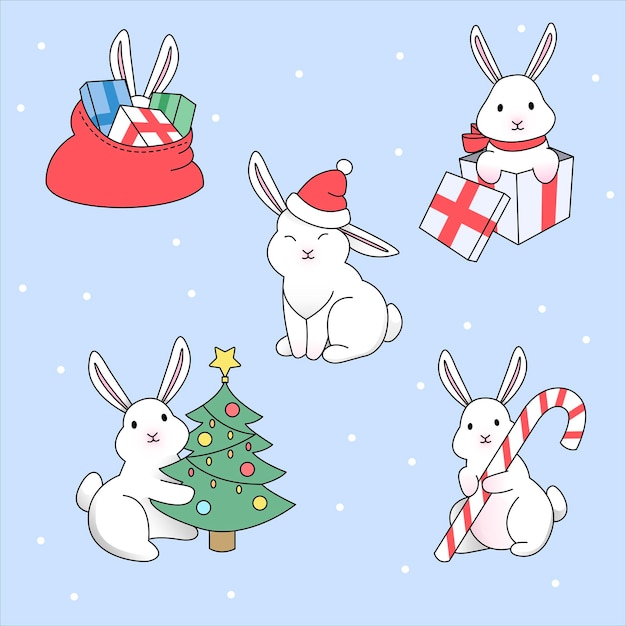 Vector illustration of rabbits. The symbol of 2023 is the rabbit. Christmas and New Year's rabbits.