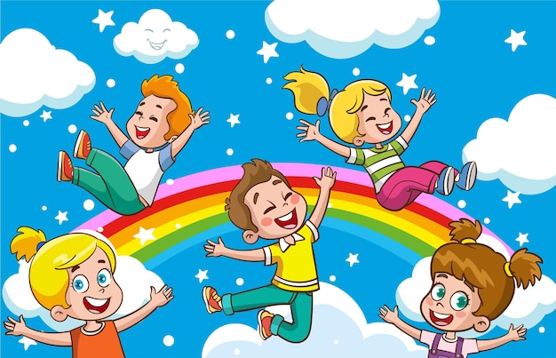 Illustrazione vettoriale di arcobaleno e divertimento per bambini cartone animato colorato