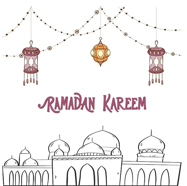 Vettore illustrazione vettoriale della carta di auguri di ramadan kareem sfondo della moschea silhouette vettoriale