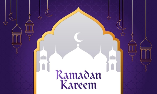 Vettore illustrazione vettoriale di ramadan kareem con silhouette di moschea e ornamento arabo