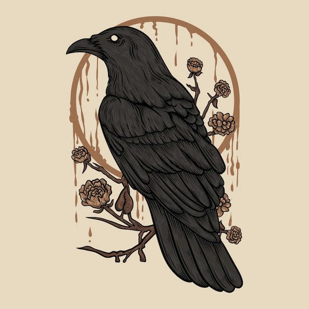 Vector vector illustration raven perch on the flower branch with flower vintage illustration