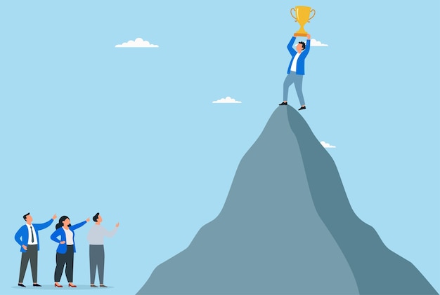 vector illustration of reaching the peak of success businessman standing on mountain