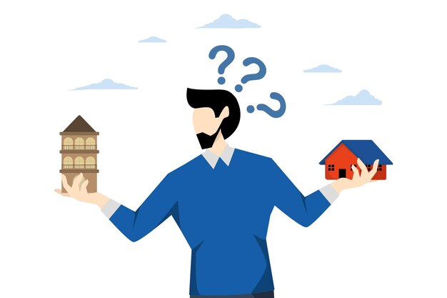 векторная иллюстрация концепции инвестиций в недвижимость с бизнесменом, выбирающим дом или квартиру