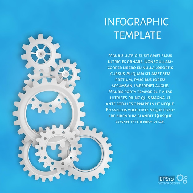 Illustrazione vettoriale di ingranaggi 3d realistici su sfondo blu. modello di infografica. design della copertina. posto per il testo. eps 10 illustrazione vettoriale.