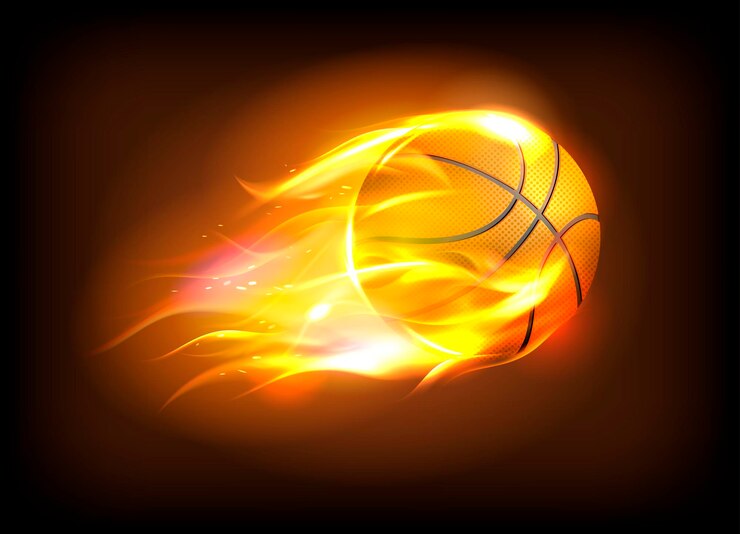 Vector vector illustration of a realistic basketball ball in a fiery flame, sport success concept