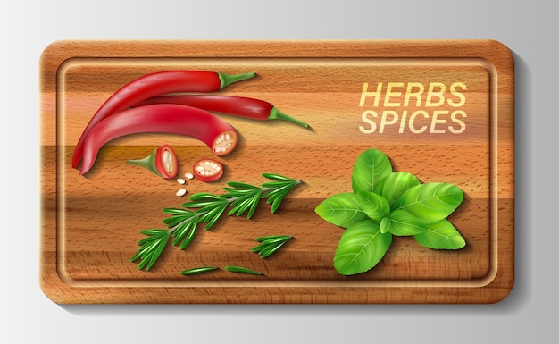 Vector illustration of realistic chopping board with red hot pepper rosemary and basil