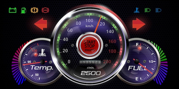 Vector vector illustration of a realistic dashboard the concept of speed car display with operation indicators
