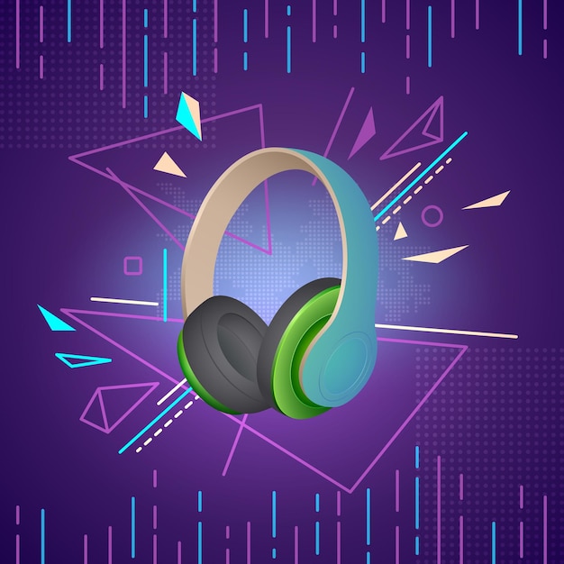 Vector illustration of realistic headphones on a background of dynamically arranged geometric shapes