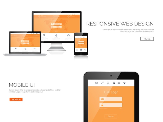 Vettore illustrazione vettoriale realistica laptop tablet adaptive ui responsive web design