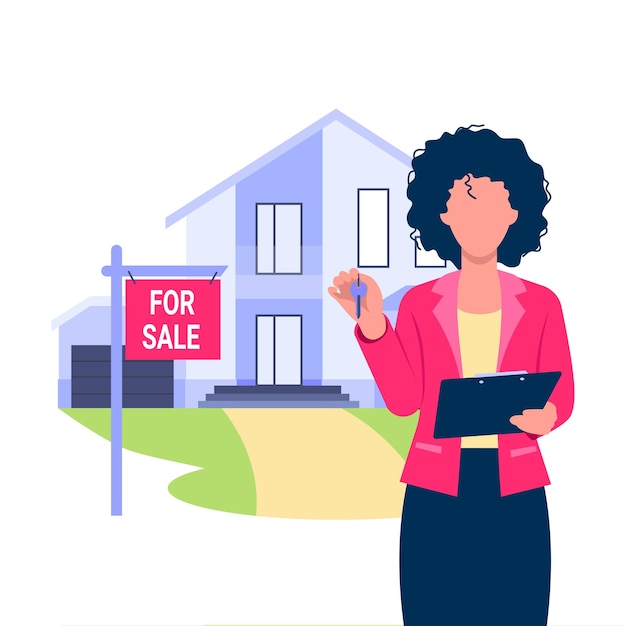 Vector illustration of realtor Buying and selling Building rent Cartoon scene with girl selling house on white background