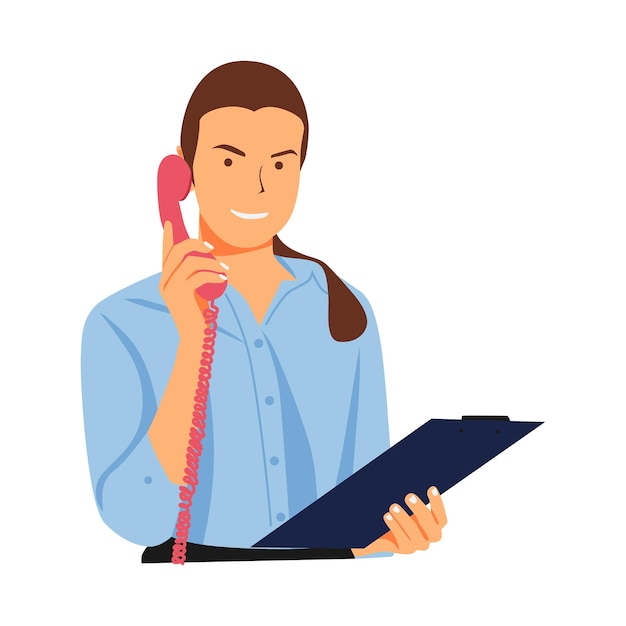 Vector illustration of receptionist holding telephone and clipboard