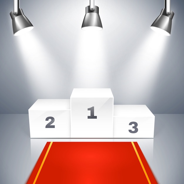 Vector illustration of a red carpet leading to an empty winners podium with three places illuminated by overhead metallic spotlights