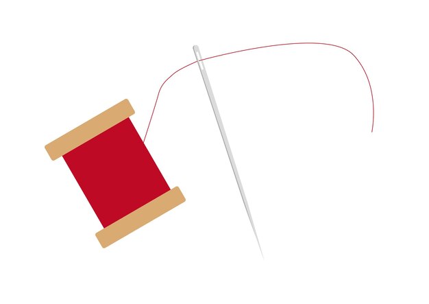 Vector illustration of red color thread for sewing and sewing needle