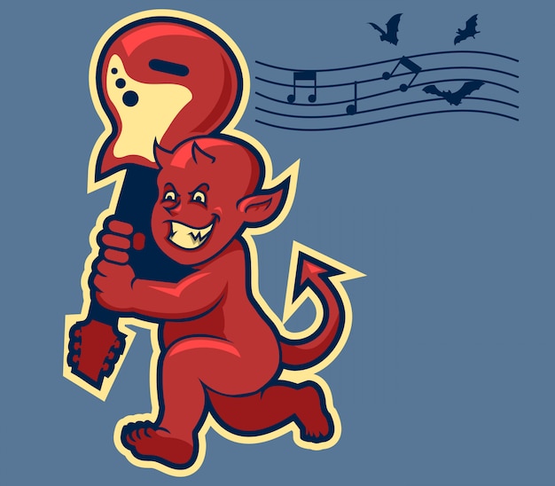 Vector illustration of red devil boy swinging guitar in retro color.