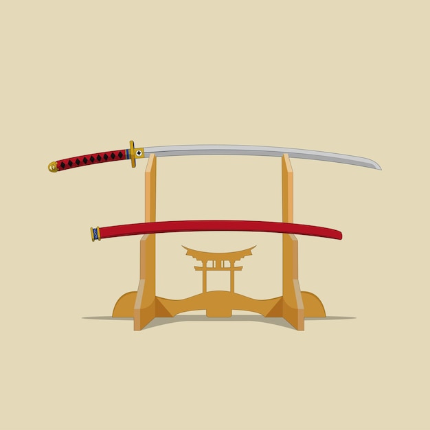 Vector illustration of red katana and sheath swords lie on a special rack