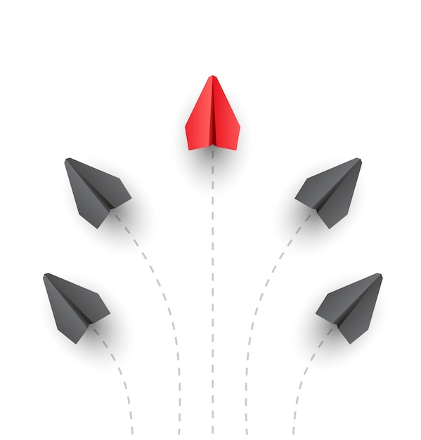 A vector illustration of a red paper plane leading a group of gray planes symbolizing individuality and leadership in teamwork