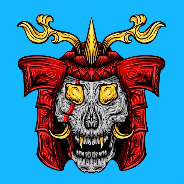 Vector illustration of red samurai helmet with skull