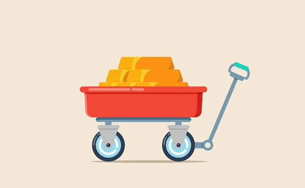 Vector illustration of red wheelbarrow wagon with hand trolley and bar of gold isolated on a light background