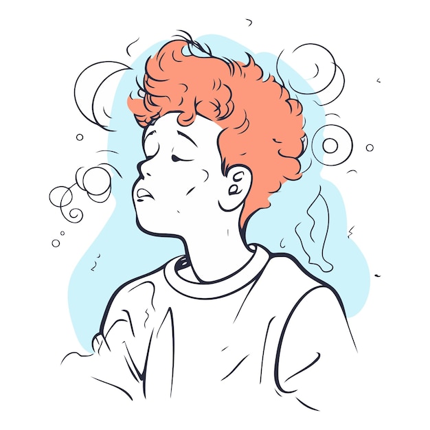 Векторная иллюстрация рыжеволосого мальчика с головной болью