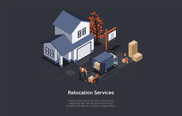 Vector Illustration, Relocation Services Concept. Isometric 3D Composition, Cartoon Style. Suburban Apartment, Four Characters. Team In Uniform Loading Truck With Cardboard Boxes. Dark Background