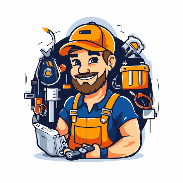 Vector illustration of repairman in helmet and overalls holding tools