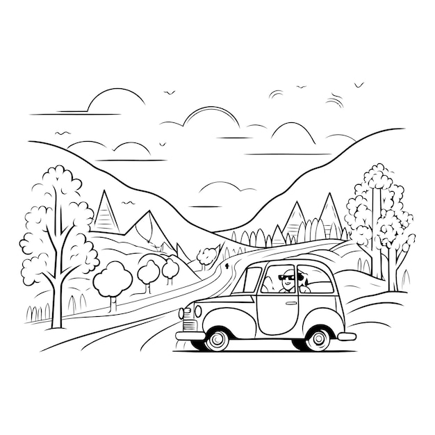 Vector vector illustration of a retro car on the road with trees and mountains