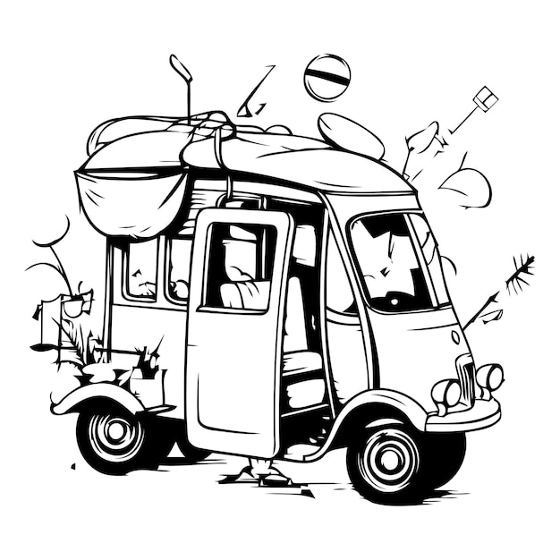 Vector vector illustration of a retro car with a tuktuk