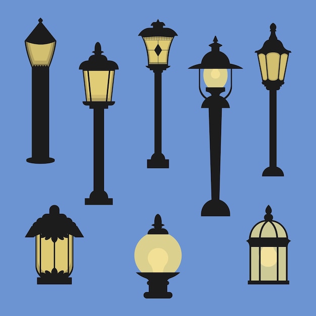 Vector vector illustration of retro lanterns and street lamp posts