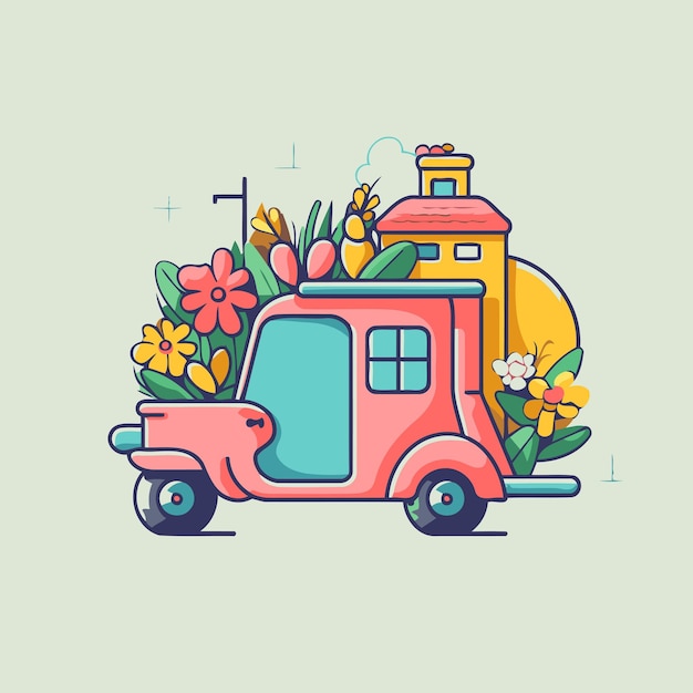Vector vector illustration of a retro scooter with a house and flowers