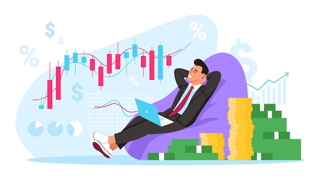 Vector illustration of a rich man counting his fortune Cartoon scene with a man sitting with a laptop and counting his fortune with a pile of banknotes and coins isolated on a white background