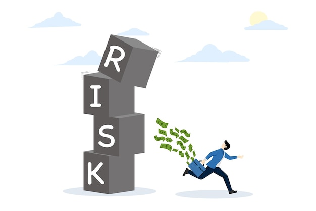 vector illustration of risk aversion concept with businessman investor running away from risk box