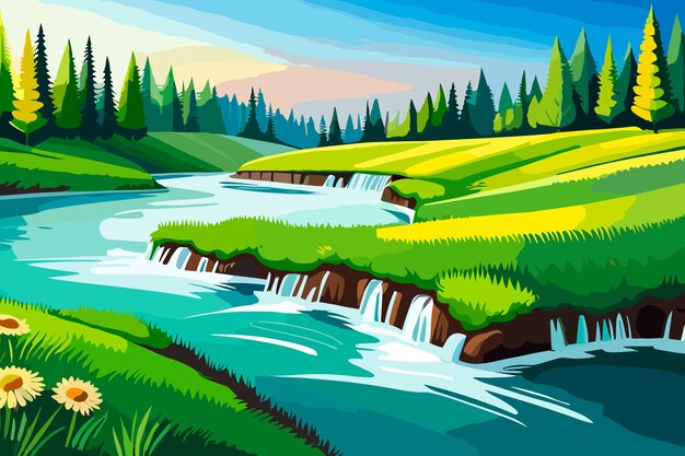 Un'illustrazione vettoriale di un fiume con una cascata sullo sfondo.