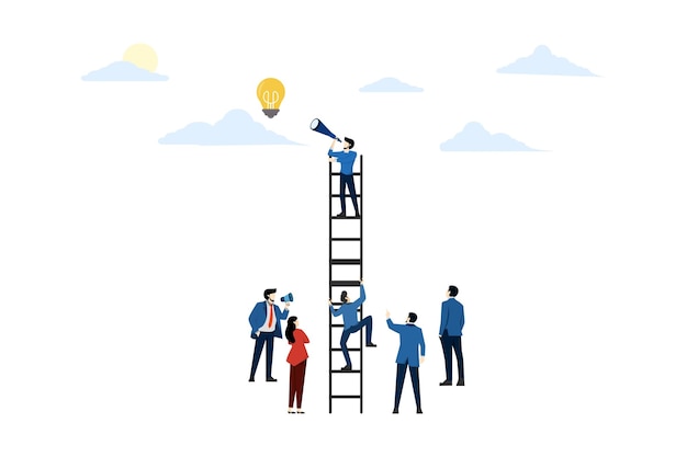Vector vector illustration of a road to success with a man climbing a ladder to reach a goal