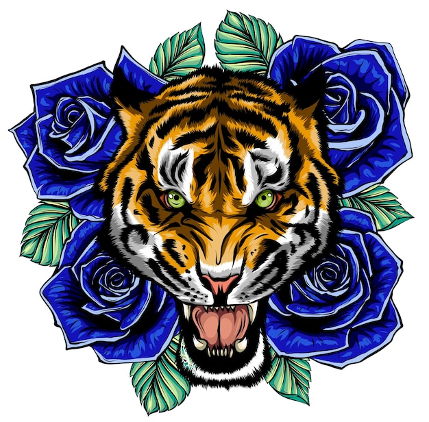 Vettore illustrazione vettoriale di testa di tigre ruggente e rose