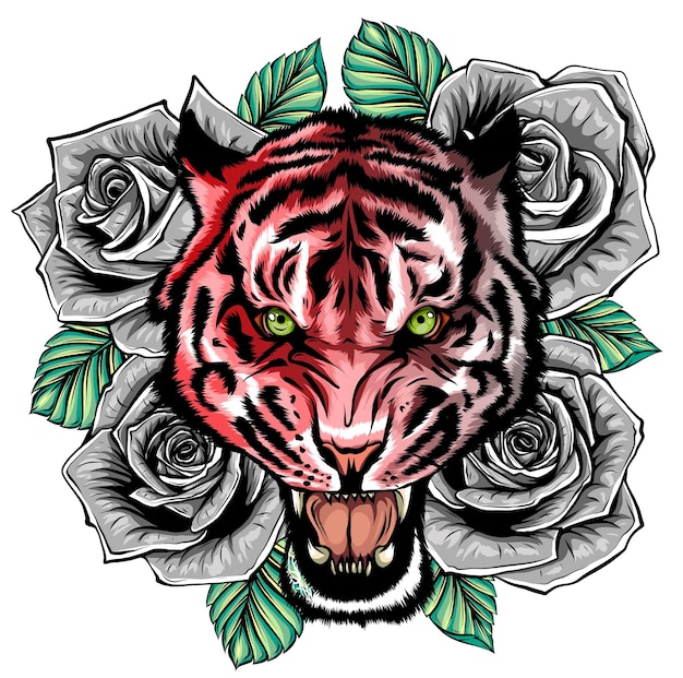 Vector illustration of roaring tiger head and roses