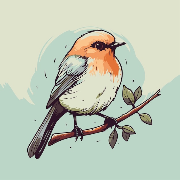 Vector vector illustration of a robin bird sitting on a branch hand drawn style