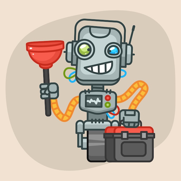 Vector illustration, robot holds suitcase and plunger, format eps 10