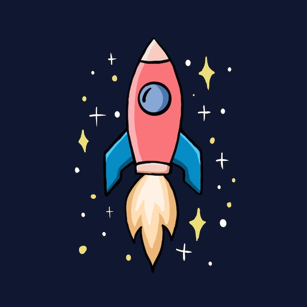 vector illustration of rocket in space spaceship hand drawn flat design style with stars as background