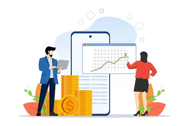 Vector vector illustration of roi or return on investment concept with woman managing financial chart