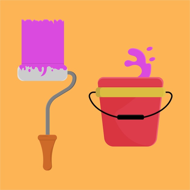 vector illustration of a roller brush and a bucket filled with paint.