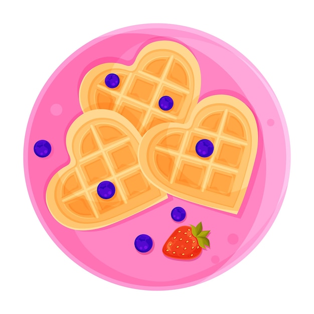 Vector illustration romantic breakfast Viennese heartshaped waffles with blueberries  doodle