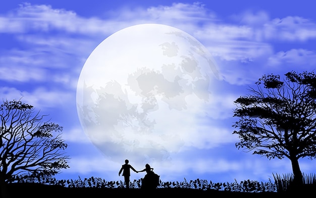 Vettore illustrazione vettoriale di coppia romantica che cammina insieme tenendosi per mano sotto la luna san valentino