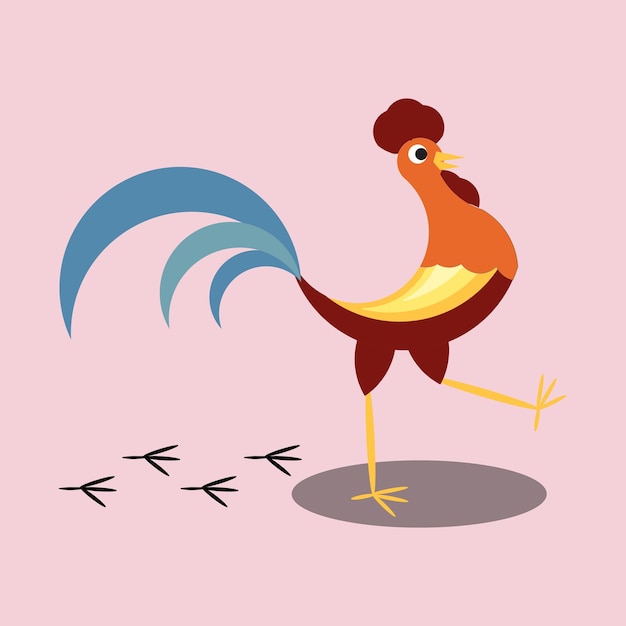 vector illustration of a rooster with a shadow, walking leaving footprints on a white background