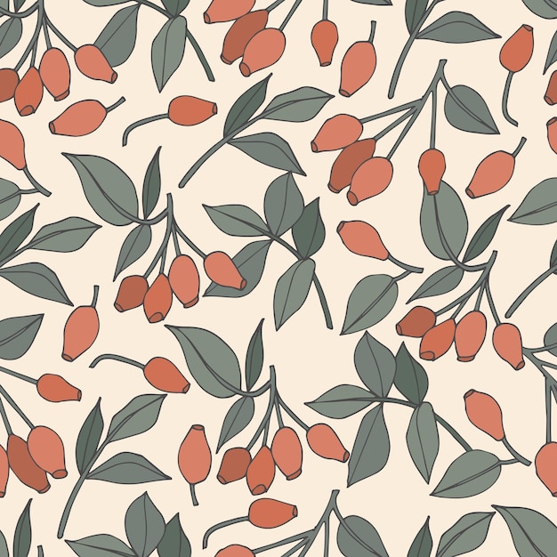 Vector illustration rose hip branch - vintage engraved style. Seamless pattern in retro botanical style.