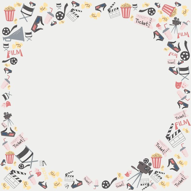 Vector illustration of round frame with movie cinema attributes and copyspace in the middle