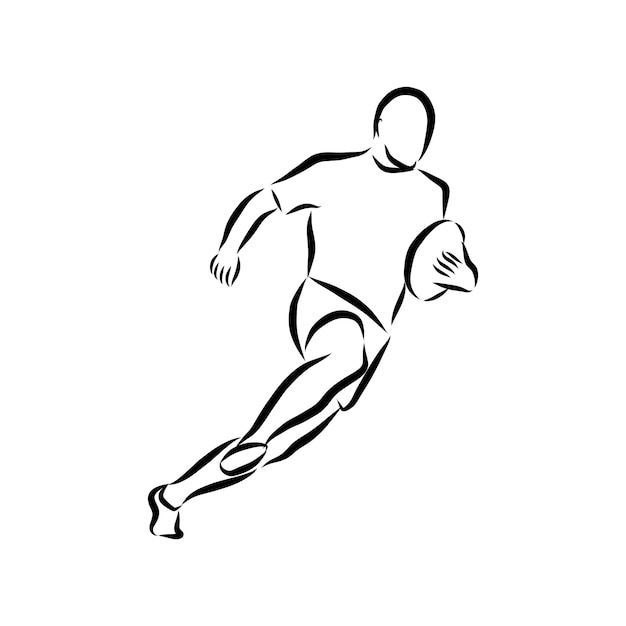 Векторная иллюстрация игрока регби, одетого во все черное, работает с мячом
