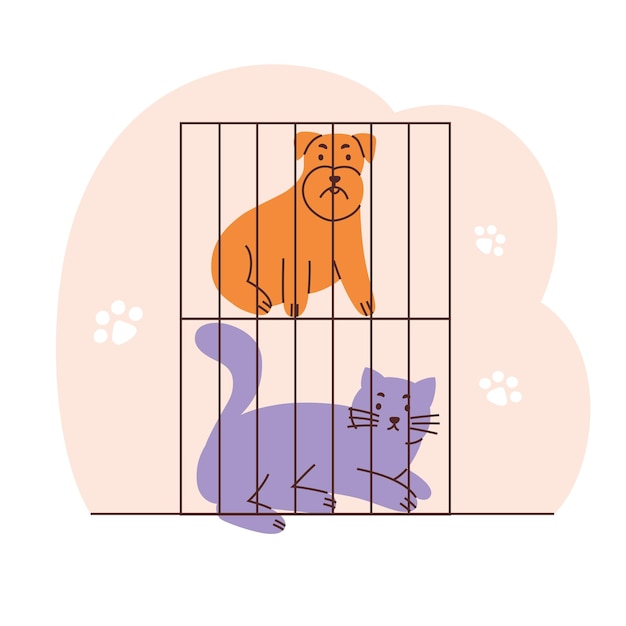 vector illustration of a sad dog and cat in cages at an animal shelter flat cartoon style icons for